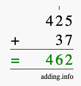 Calculate 425 + 37 using long addition