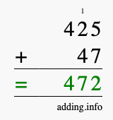 Calculate 425 + 47 using long addition