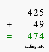 Calculate 425 + 49 using long addition