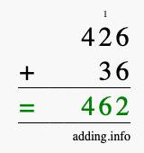 Calculate 426 + 36 using long addition