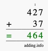 Calculate 427 + 37 using long addition