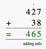 Calculate 427 + 38 using long addition