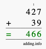 Calculate 427 + 39 using long addition