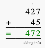 Calculate 427 + 45 using long addition