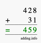 Calculate 428 + 31 using long addition