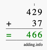 Calculate 429 + 37 using long addition