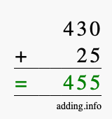 Calculate 430 + 25 using long addition