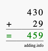 Calculate 430 + 29 using long addition