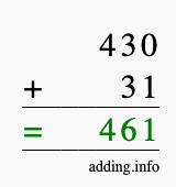 Calculate 430 + 31 using long addition