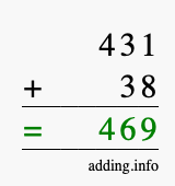 Calculate 431 + 38 using long addition
