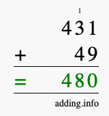 Calculate 431 + 49 using long addition