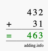 Calculate 432 + 31 using long addition