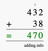 Calculate 432 + 38 using long addition