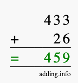Calculate 433 + 26 using long addition