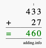 Calculate 433 + 27 using long addition