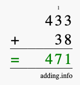 Calculate 433 + 38 using long addition