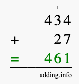 Calculate 434 + 27 using long addition