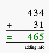 Calculate 434 + 31 using long addition
