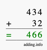 Calculate 434 + 32 using long addition