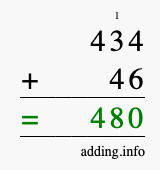 Calculate 434 + 46 using long addition