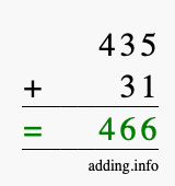 Calculate 435 + 31 using long addition