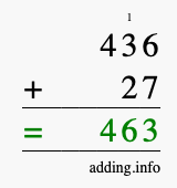 Calculate 436 + 27 using long addition
