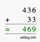 Calculate 436 + 33 using long addition