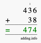 Calculate 436 + 38 using long addition