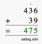 Calculate 436 + 39 using long addition