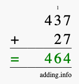 Calculate 437 + 27 using long addition