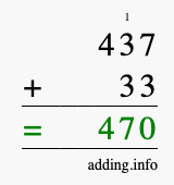 Calculate 437 + 33 using long addition
