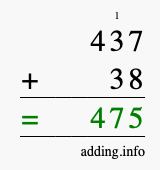 Calculate 437 + 38 using long addition