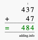Calculate 437 + 47 using long addition