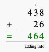Calculate 438 + 26 using long addition