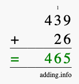 Calculate 439 + 26 using long addition