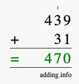 Calculate 439 + 31 using long addition