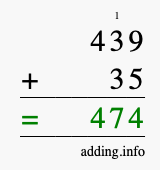 Calculate 439 + 35 using long addition