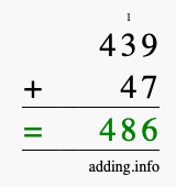 Calculate 439 + 47 using long addition