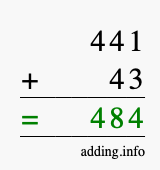 Calculate 441 + 43 using long addition