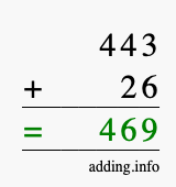 Calculate 443 + 26 using long addition