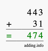 Calculate 443 + 31 using long addition