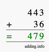 Calculate 443 + 36 using long addition