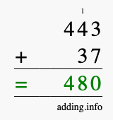 Calculate 443 + 37 using long addition