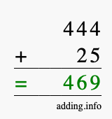 Calculate 444 + 25 using long addition