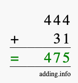 Calculate 444 + 31 using long addition