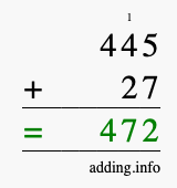 Calculate 445 + 27 using long addition