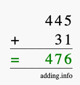 Calculate 445 + 31 using long addition