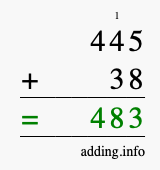 Calculate 445 + 38 using long addition