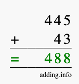 Calculate 445 + 43 using long addition