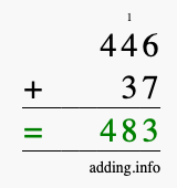 Calculate 446 + 37 using long addition